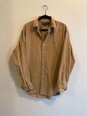 Ralph Lauren Men's Tan Corduroy Button-Down Shirt with Polo Logo